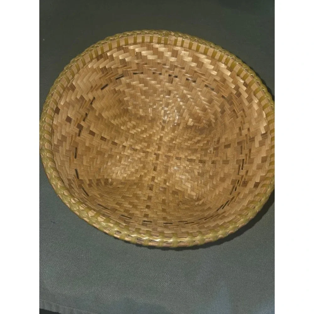 Vintage Hand Woven Bamboo Basket Round Fruit Bowl Boho Decor